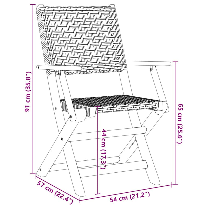 Folding Garden Chairs 8 pcs Black Poly Rattan and Solid Wood