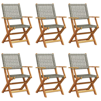 Folding Garden Chairs 6 pcs Grey Poly Rattan and Solid Wood