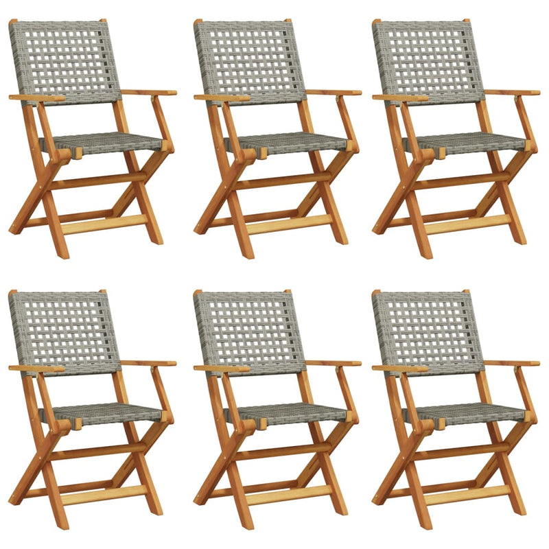 Folding Garden Chairs 6 pcs Grey Poly Rattan and Solid Wood