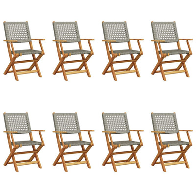 Folding Garden Chairs 8 pcs Grey Poly Rattan and Solid Wood