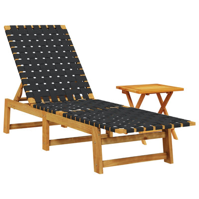 Sun Lounger with Table Black Solid Wood Acacia and Fabric