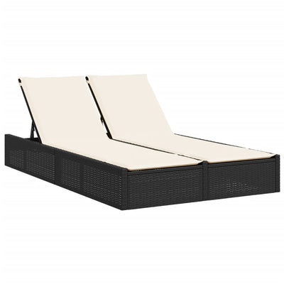 Double Sun Lounger with Cushions Black Poly Rattan