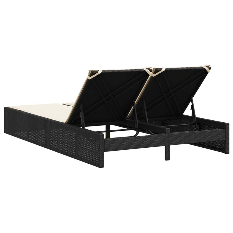 Double Sun Lounger with Cushions Black Poly Rattan