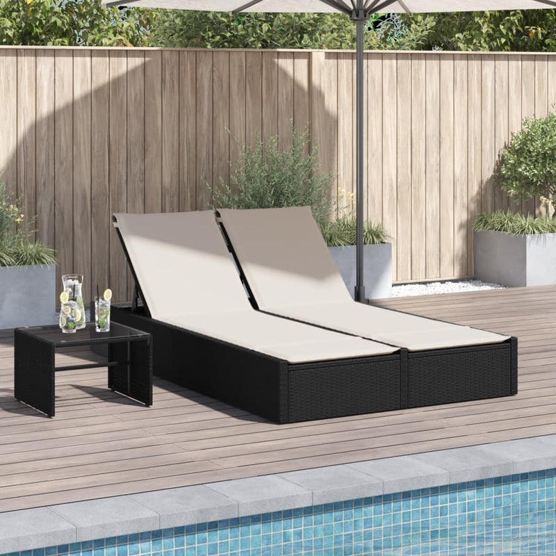 Double Sun Lounger with Cushions Black Poly Rattan