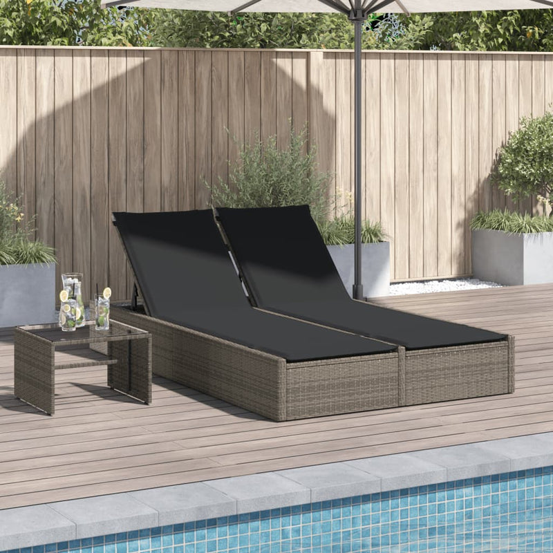 Double Sun Lounger with Cushions Grey Poly Rattan