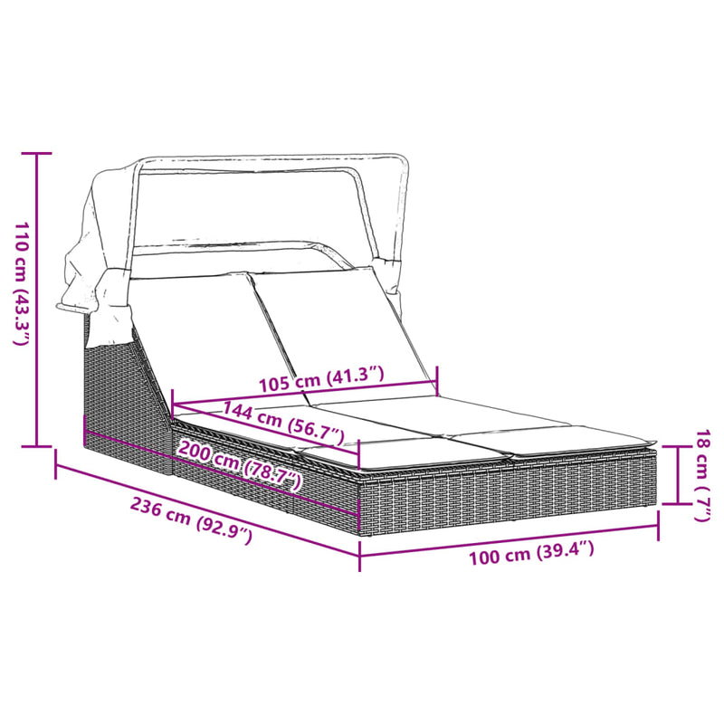 Double Sun Lounger with Canopy and Cushions Black Poly Rattan