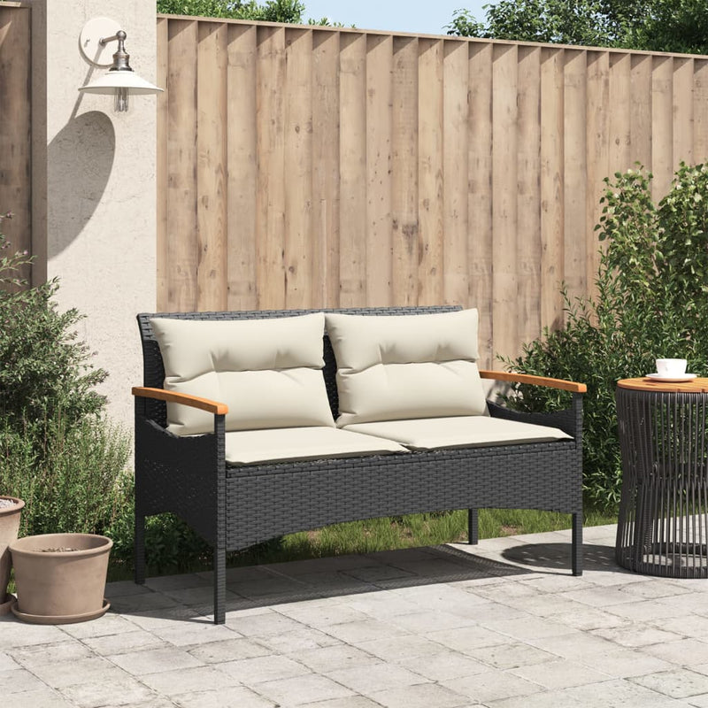 Garden Bench with Cushions 116x62.5x74 cm Black Poly Rattan