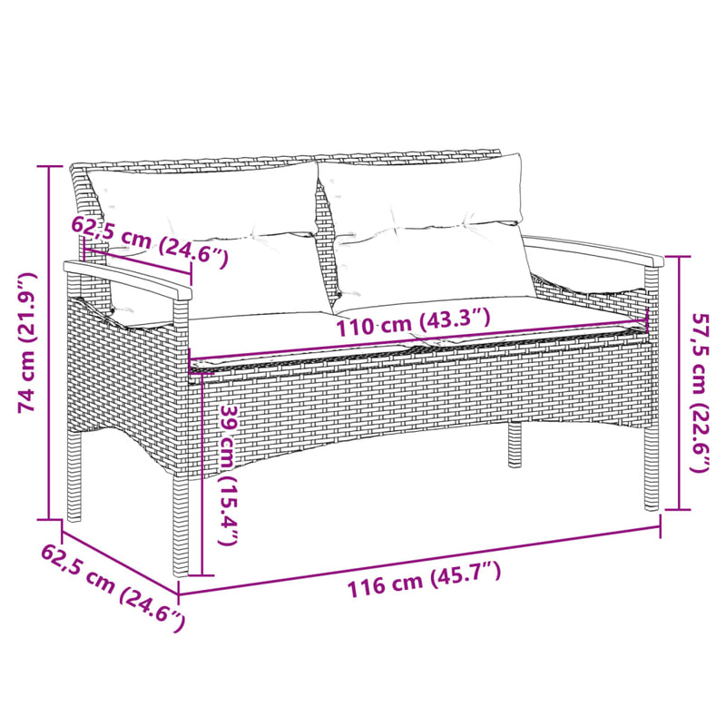 Garden Bench with Cushions 116x62.5x74 cm Black Poly Rattan