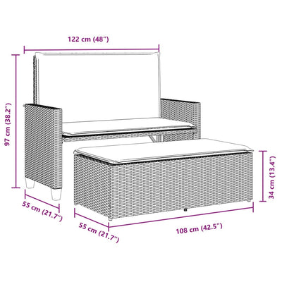 Garden Bench with Cushions and Footstool Grey Poly Rattan