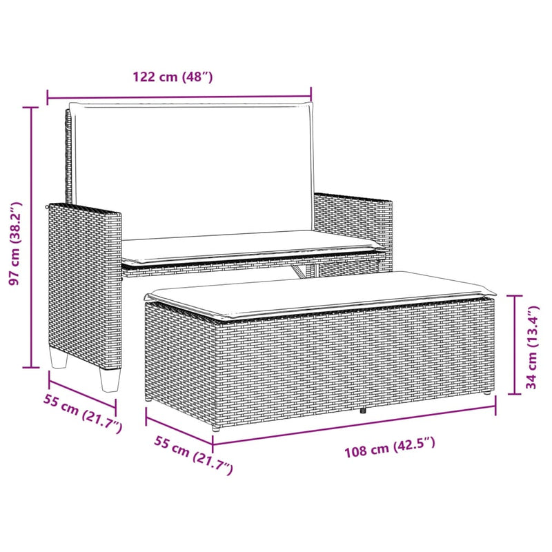 Garden Bench with Cushions and Footstool Grey Poly Rattan