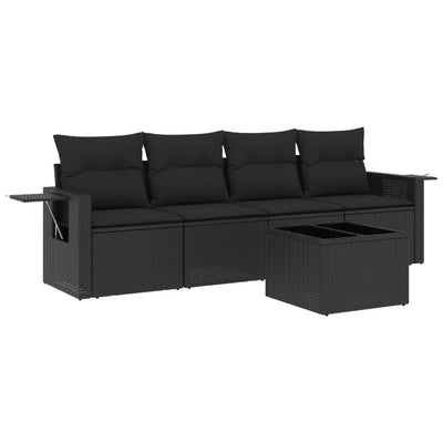 5 Piece Garden Sofa Set with Cushions Black Poly Rattan