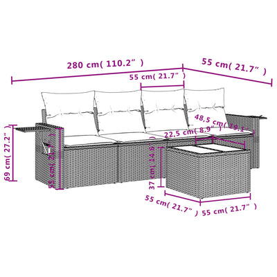 5 Piece Garden Sofa Set with Cushions Beige Poly Rattan