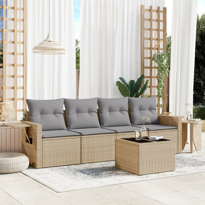 5 Piece Garden Sofa Set with Cushions Beige Poly Rattan