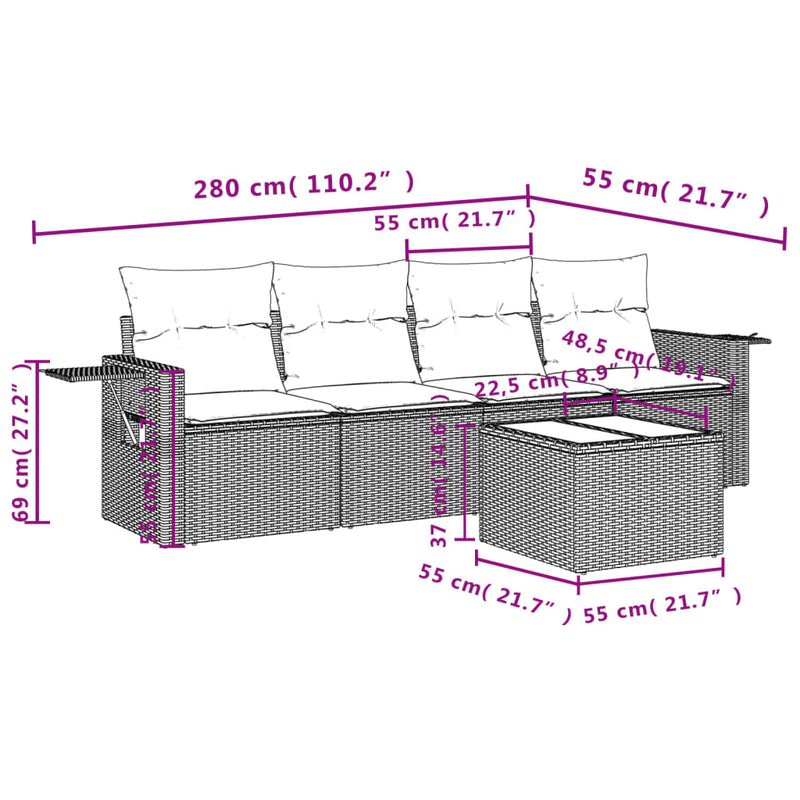 5 Piece Garden Sofa Set with Cushions Grey Poly Rattan