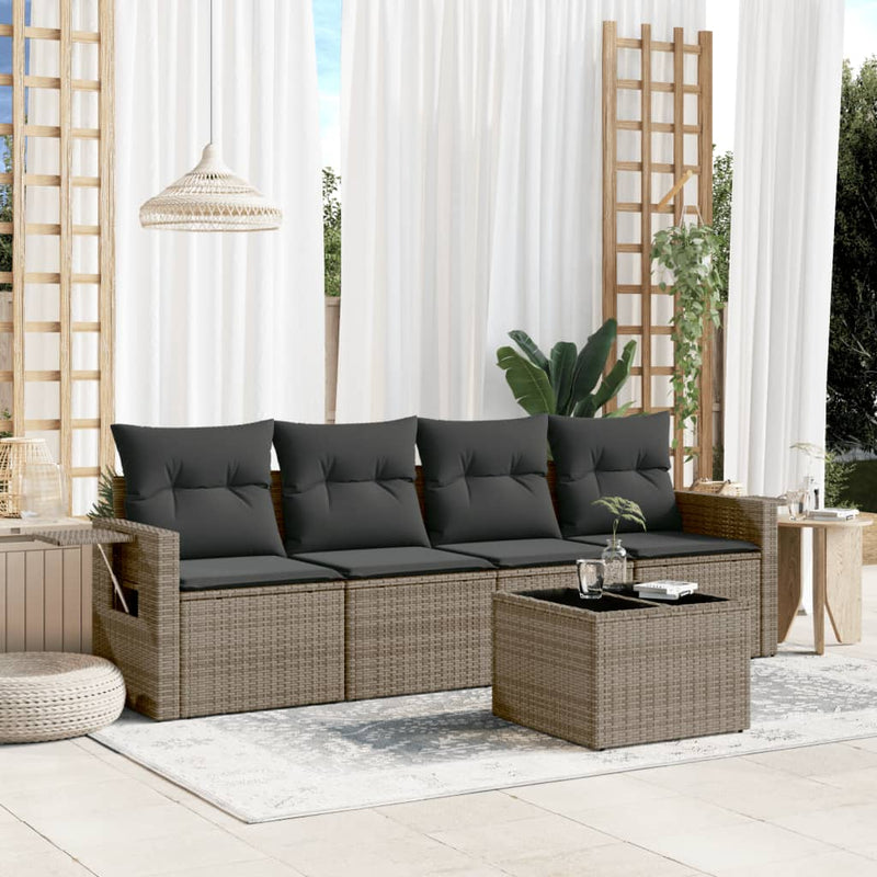 5 Piece Garden Sofa Set with Cushions Grey Poly Rattan