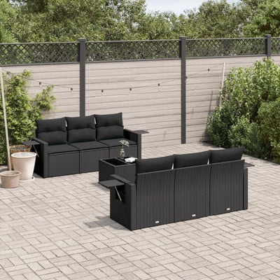 7 Piece Garden Sofa Set with Cushions Black Poly Rattan