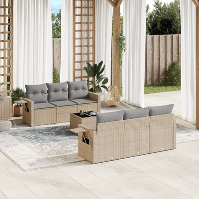 7 Piece Garden Sofa Set with Cushions Beige Poly Rattan