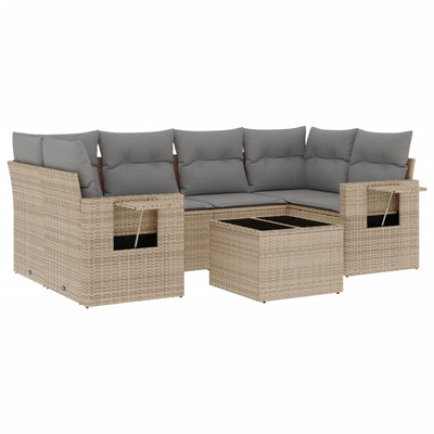 7 Piece Garden Sofa Set with Cushions Beige Poly Rattan