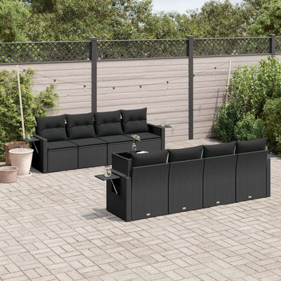 9 Piece Garden Sofa Set with Cushions Black Poly Rattan