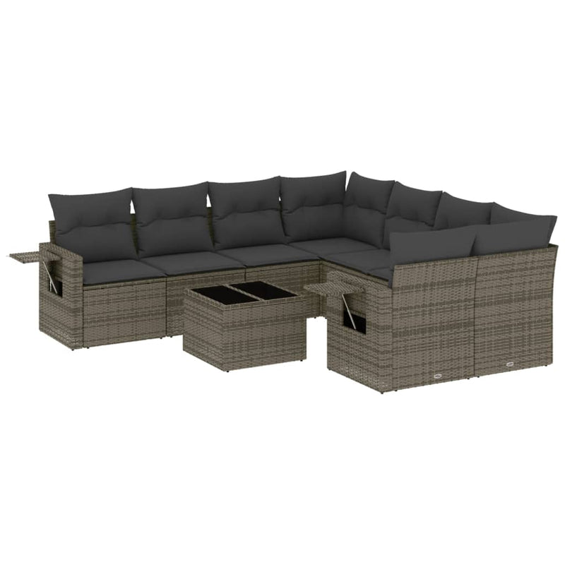 9 Piece Garden Sofa Set with Cushions Grey Poly Rattan