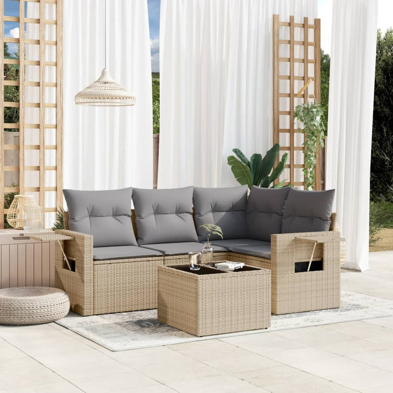 5 Piece Garden Sofa Set with Cushions Beige Poly Rattan