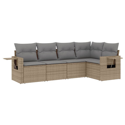 5 Piece Garden Sofa Set with Cushions Beige Poly Rattan