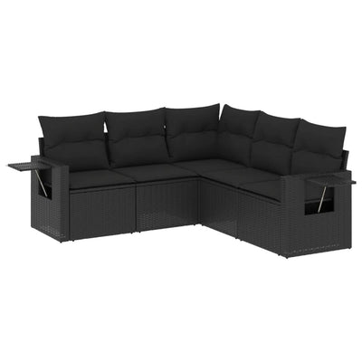 5 Piece Garden Sofa Set with Cushions Black Poly Rattan