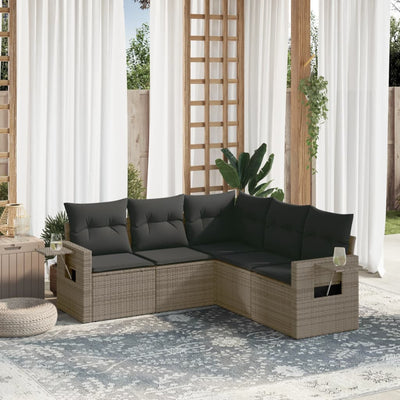 5 Piece Garden Sofa Set with Cushions Grey Poly Rattan