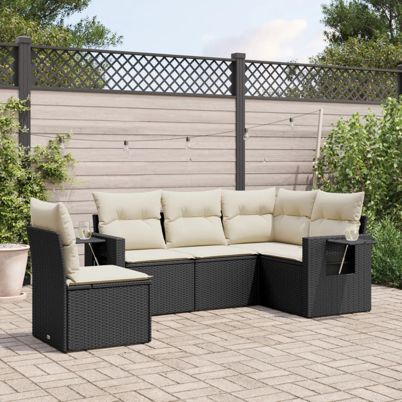 5 Piece Garden Sofa Set with Cushions Black Poly Rattan