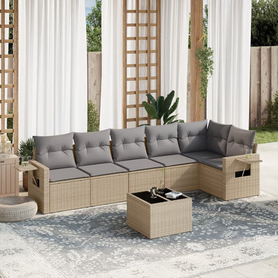 7 Piece Garden Sofa Set with Cushions Beige Poly Rattan