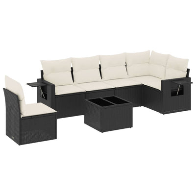 7 Piece Garden Sofa Set with Cushions Black Poly Rattan