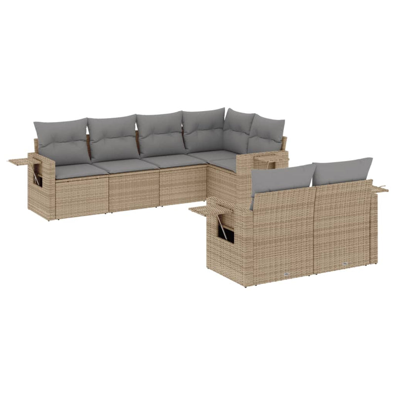 7 Piece Garden Sofa Set with Cushions Beige Poly Rattan