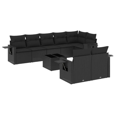 9 Piece Garden Sofa Set with Cushions Black Poly Rattan