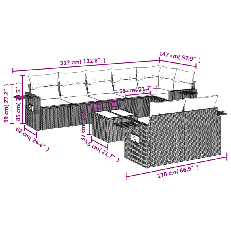 9 Piece Garden Sofa Set with Cushions Black Poly Rattan