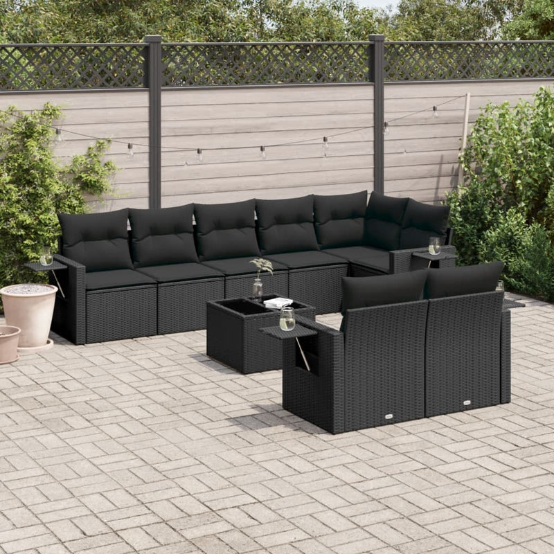 9 Piece Garden Sofa Set with Cushions Black Poly Rattan