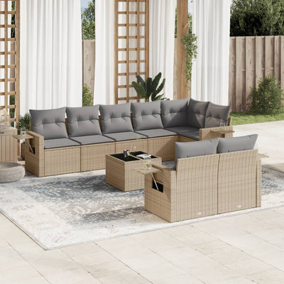 9 Piece Garden Sofa Set with Cushions Beige Poly Rattan