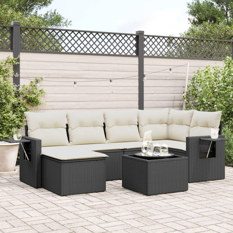 7 Piece Garden Sofa Set with Cushions Black Poly Rattan