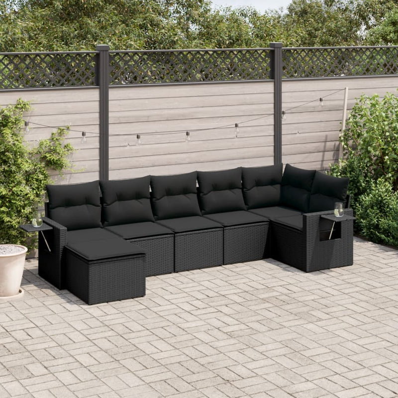 7 Piece Garden Sofa Set with Cushions Black Poly Rattan