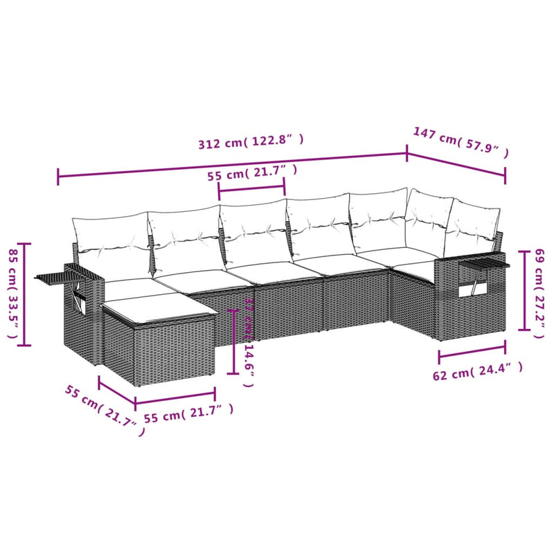 7 Piece Garden Sofa Set with Cushions Black Poly Rattan