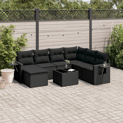 8 Piece Garden Sofa Set with Cushions Black Poly Rattan