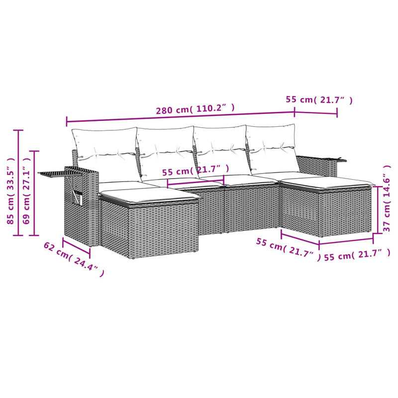 6 Piece Garden Sofa Set with Cushions Grey Poly Rattan