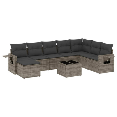 9 Piece Garden Sofa Set with Cushions Grey Poly Rattan