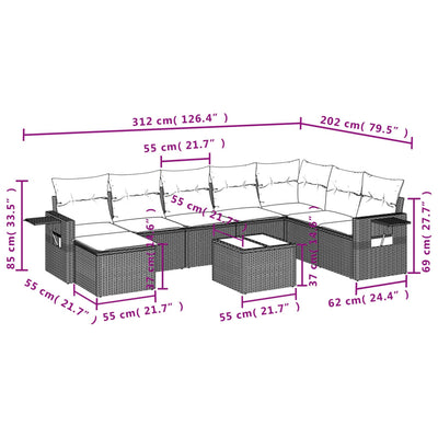 9 Piece Garden Sofa Set with Cushions Grey Poly Rattan