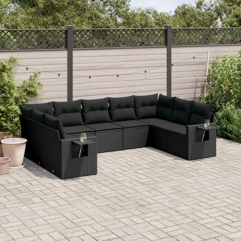 9 Piece Garden Sofa Set with Cushions Black Poly Rattan