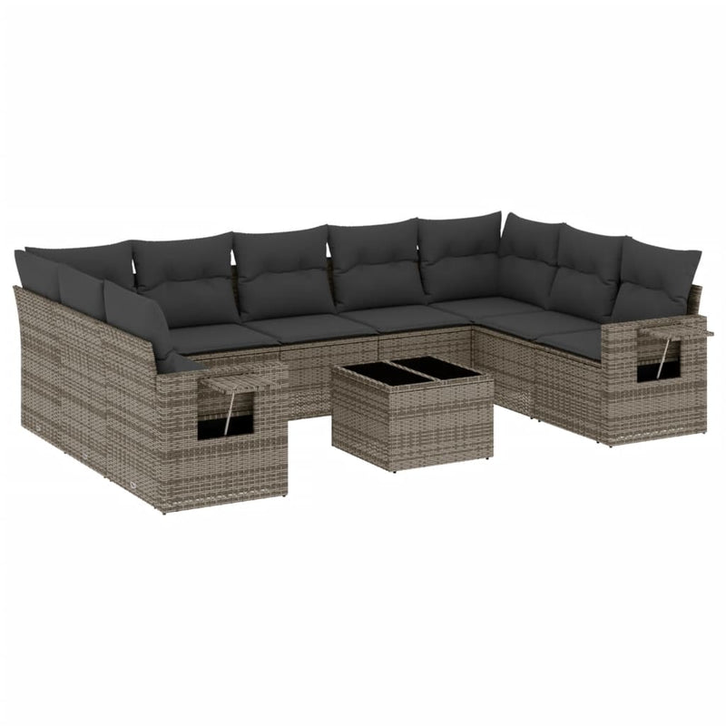 10 Piece Garden Sofa Set with Cushions Grey Poly Rattan