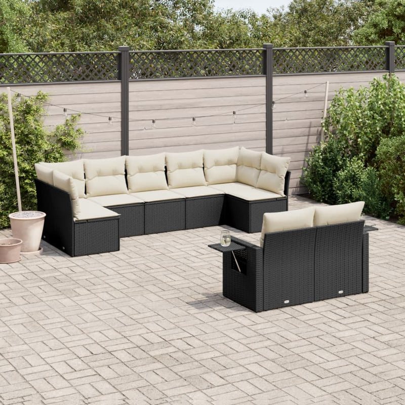 9 Piece Garden Sofa Set with Cushions Black Poly Rattan