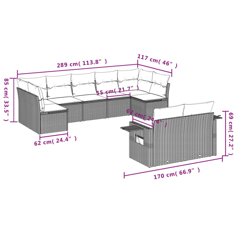 9 Piece Garden Sofa Set with Cushions Grey Poly Rattan