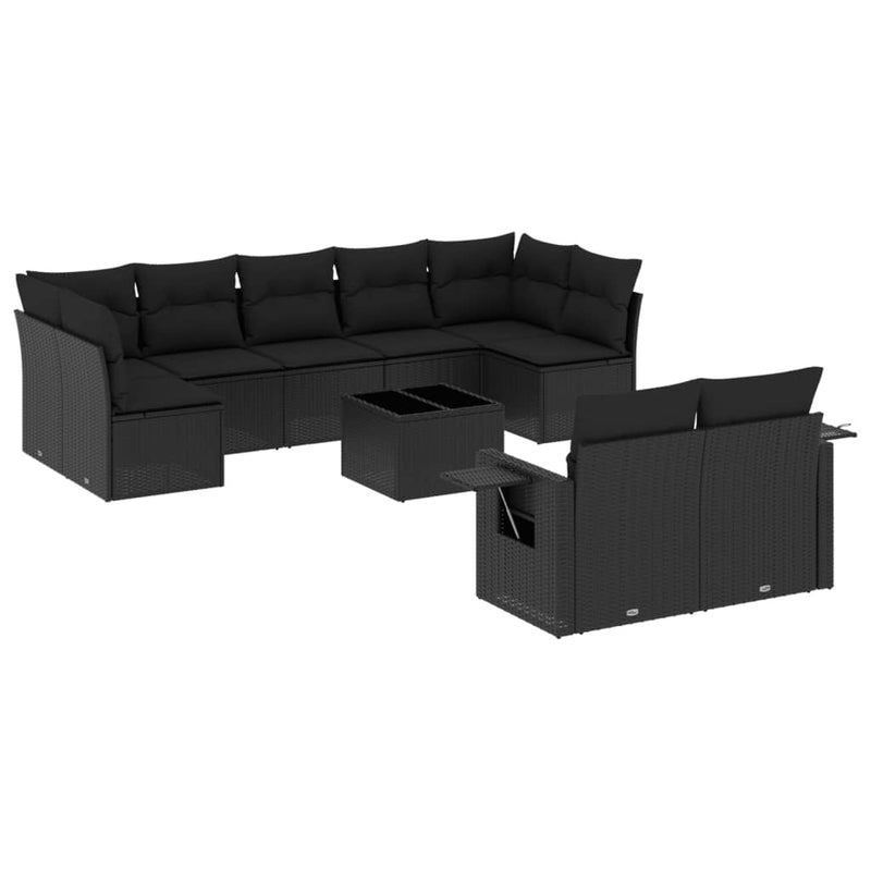 10 Piece Garden Sofa Set with Cushions Black Poly Rattan