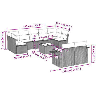 10 Piece Garden Sofa Set with Cushions Beige Poly Rattan