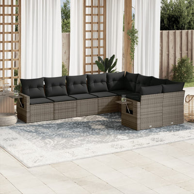 9 Piece Garden Sofa Set with Cushions Grey Poly Rattan